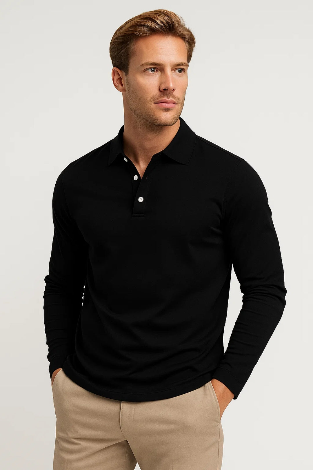 Long-sleeved men's polo shirt with structured silhouette and smooth knit fabric