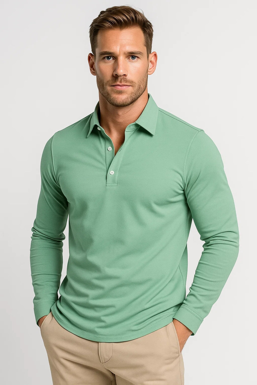 Men's knit polo shirt with front button placket and standard length hem