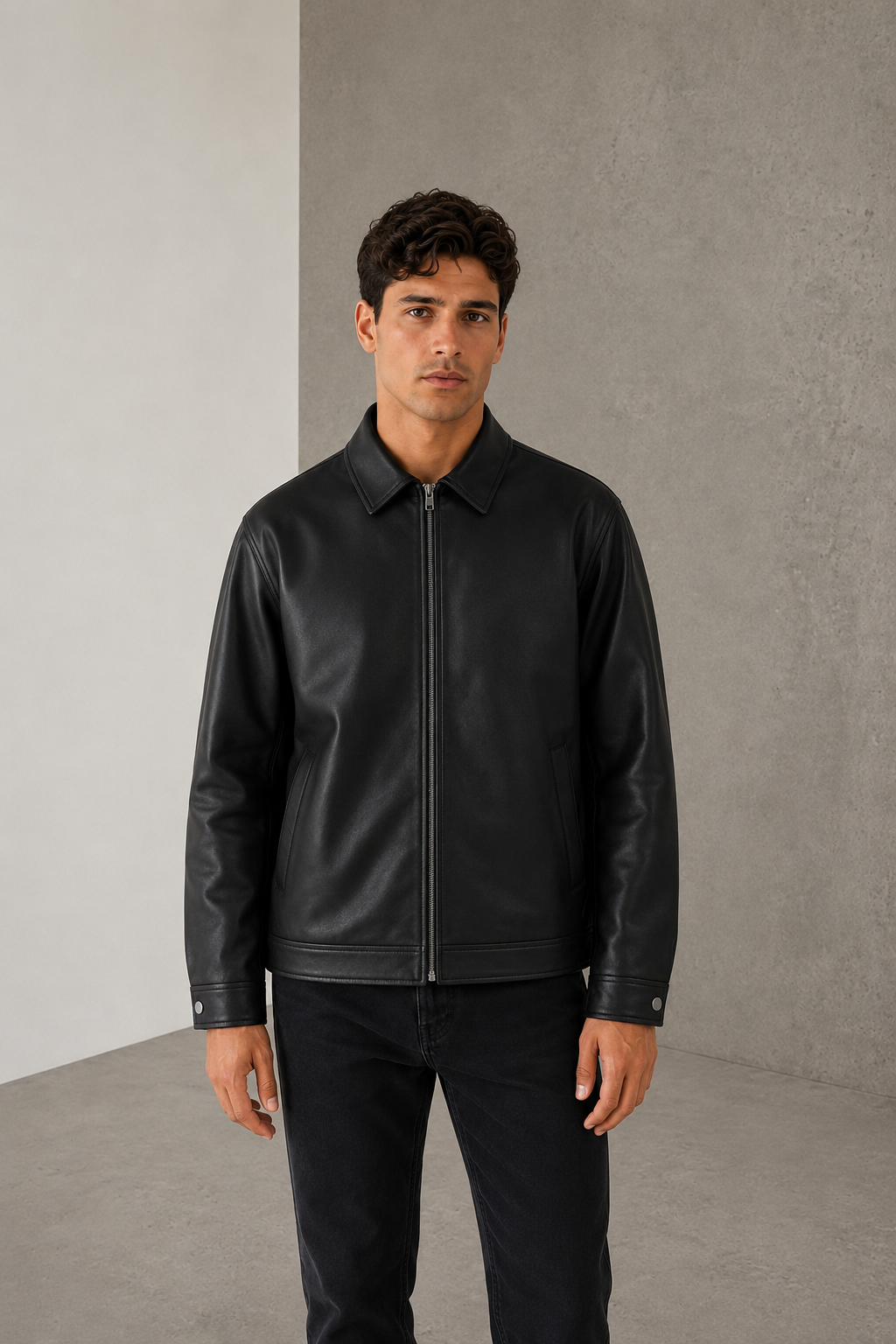 Men's faux leather jacket with front zipper and shirt collar