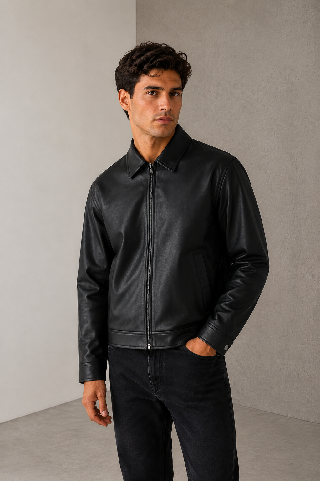 Men's faux leather jacket with long sleeves and structured silhouette