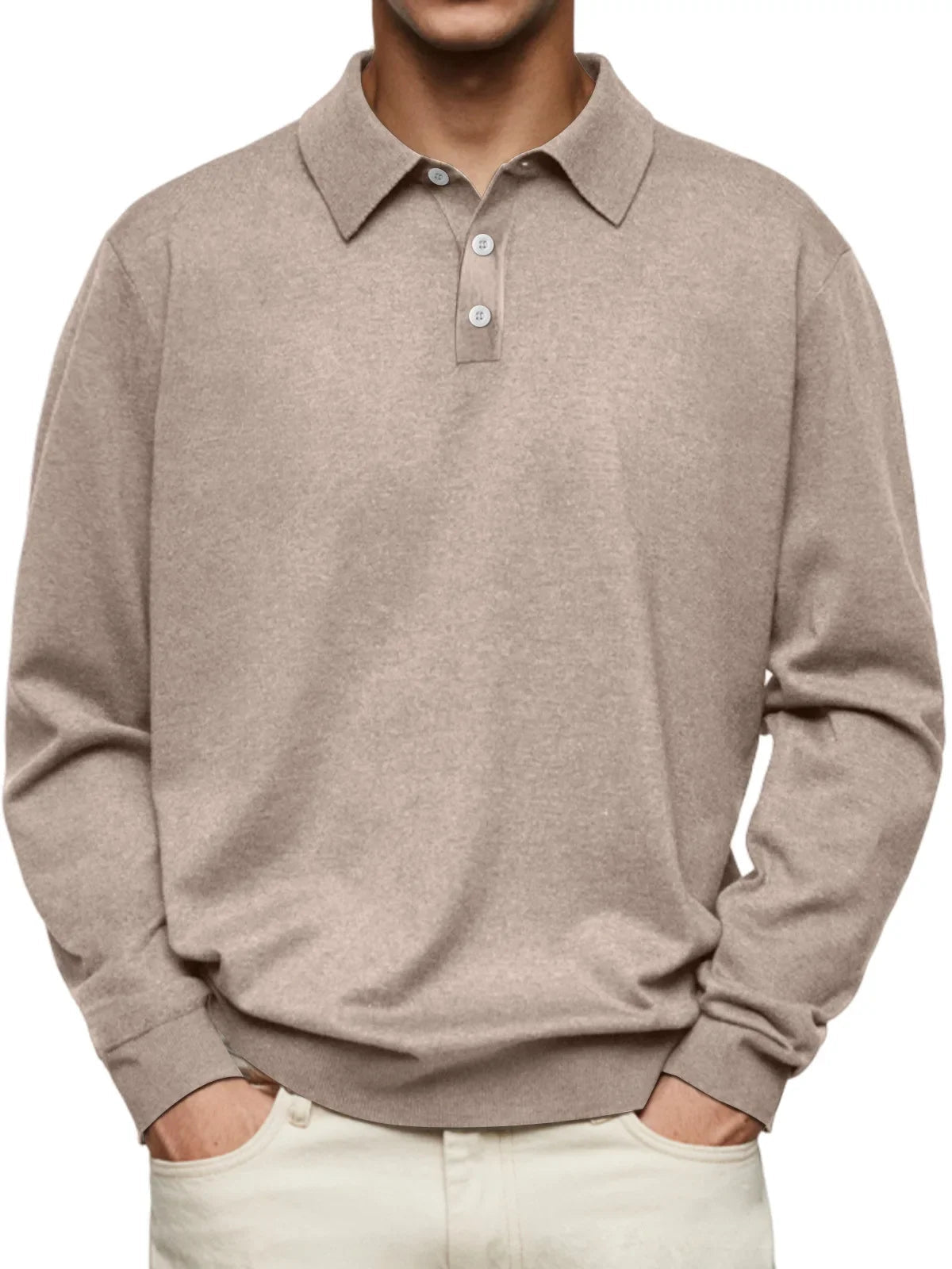 Men's casual knitted polo shirt with polo collar, long sleeves, and standard fit