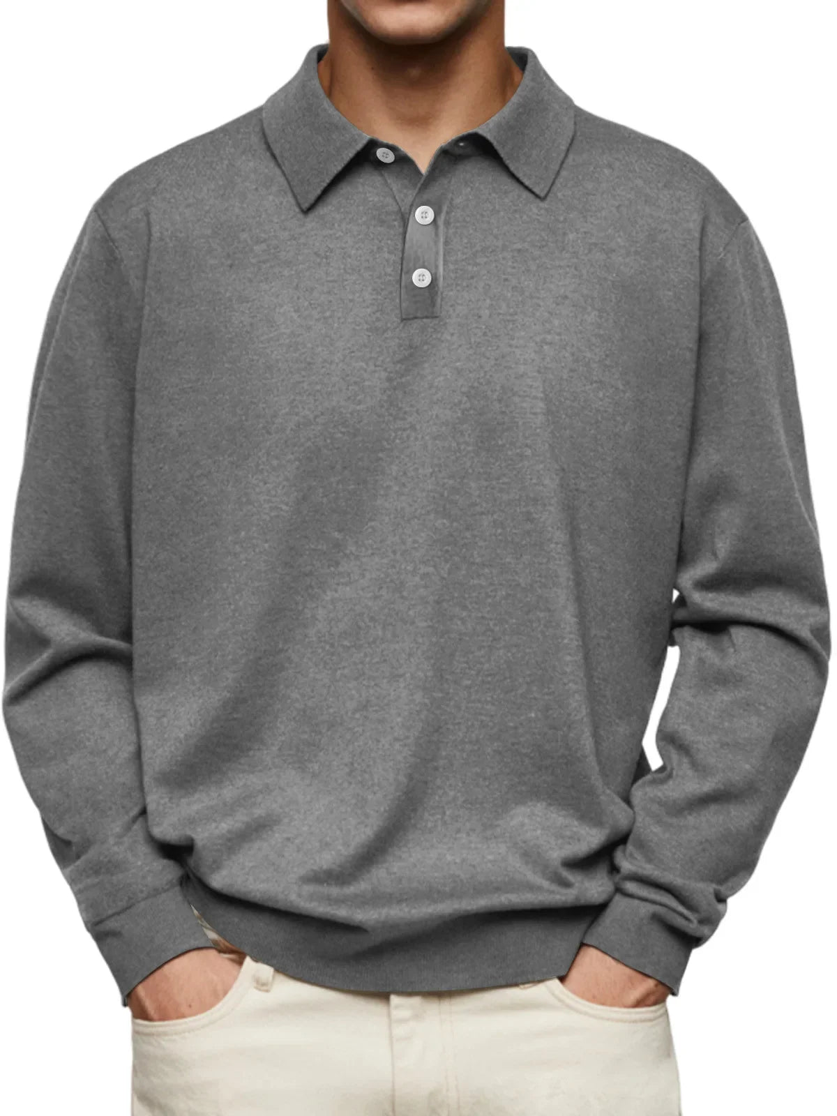 Knitted polo shirt for men with long sleeves, button placket, and relaxed silhouette