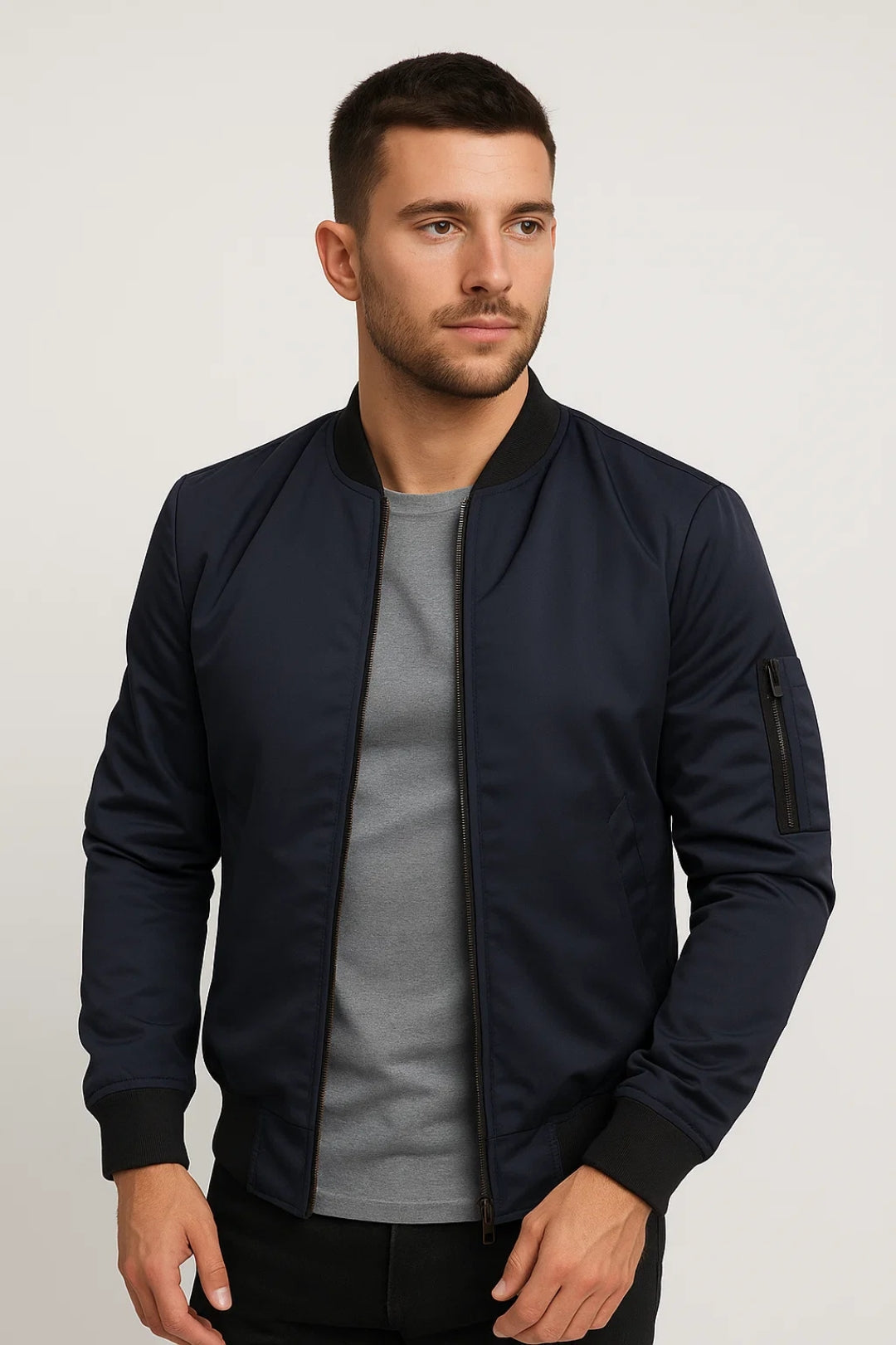 Men's zip-up bomber jacket with ribbed hem and structured silhouette
