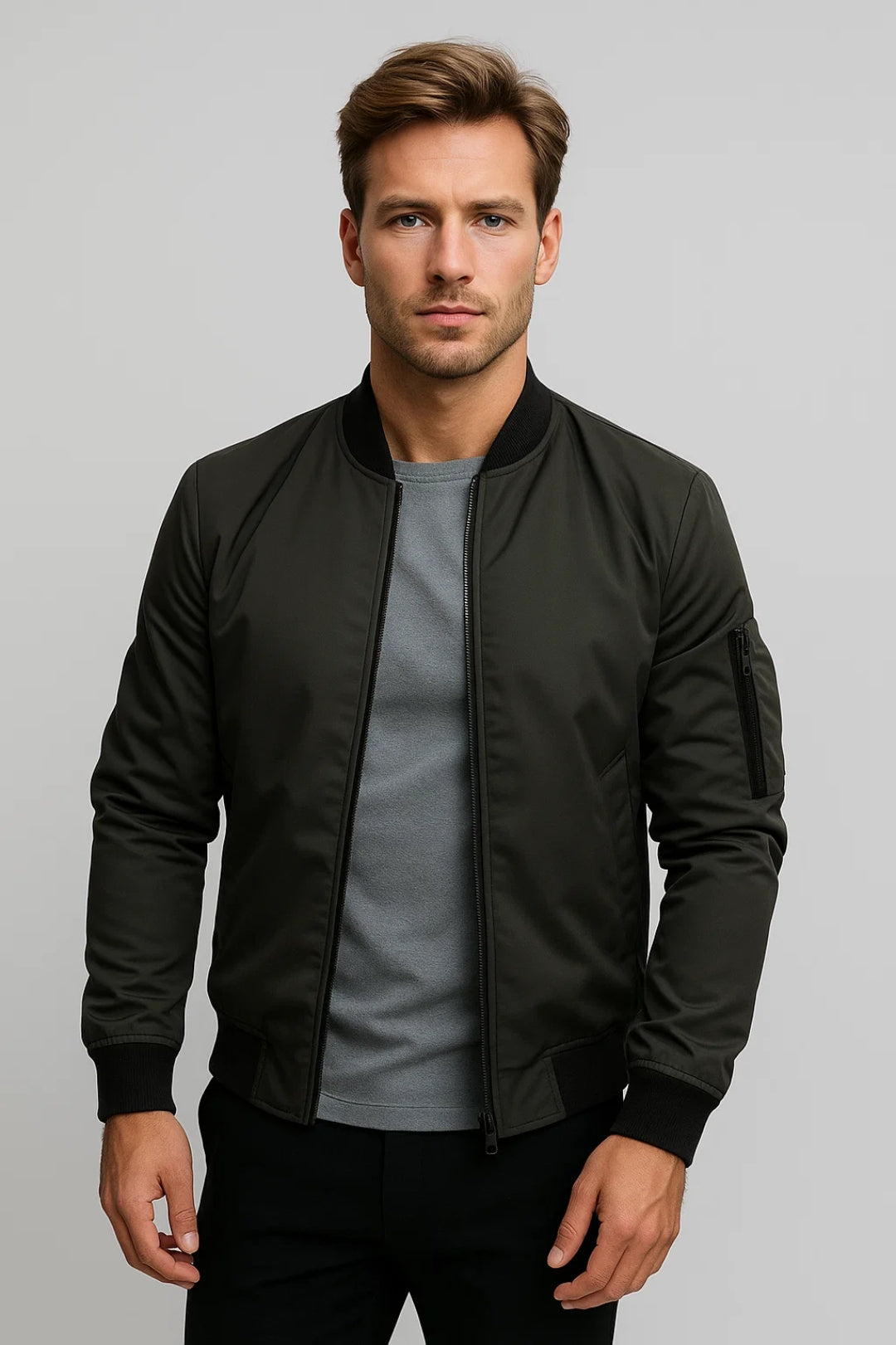 Men's woven bomber jacket with stand collar and ribbed hem detail