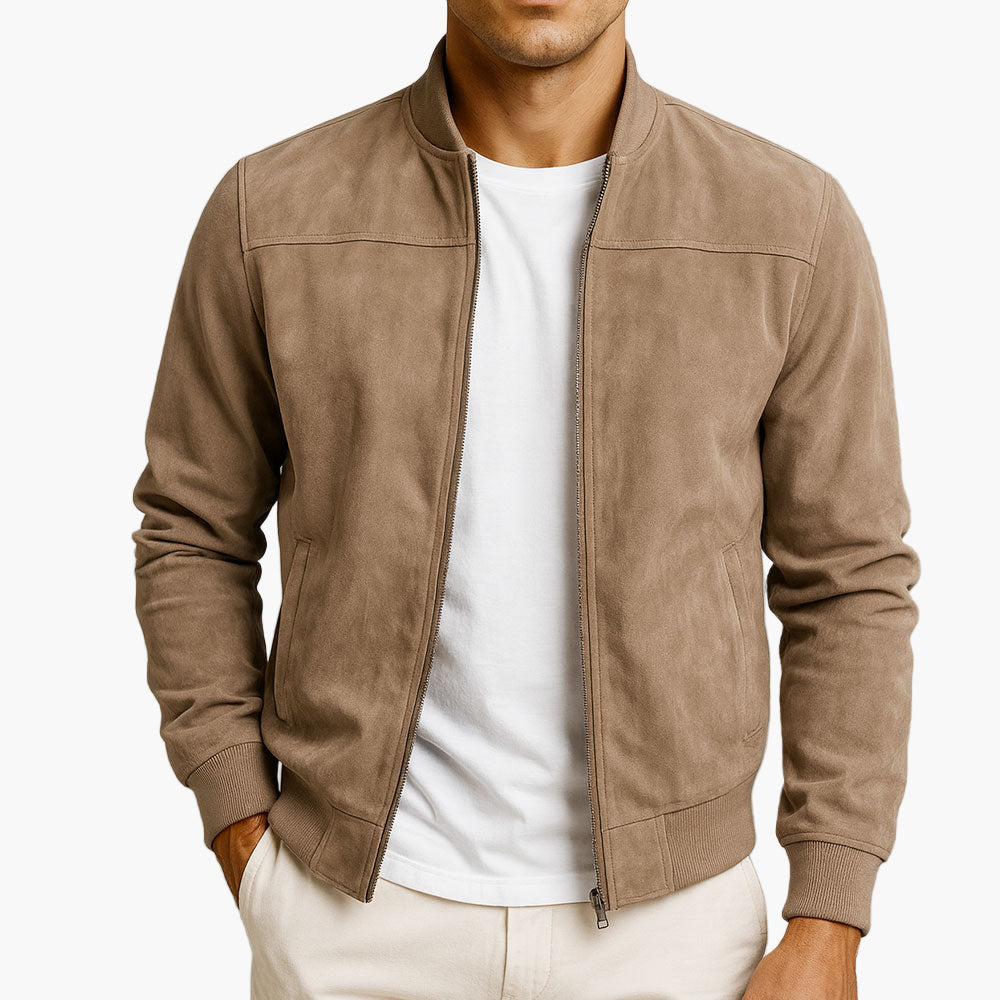 Men's suede bomber jacket with stand-up collar, front zipper, and ribbed cuffs