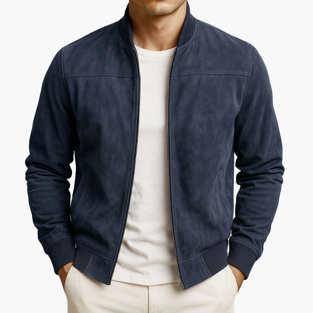 Men's suede bomber jacket with structured silhouette, ribbed hem, and side pockets