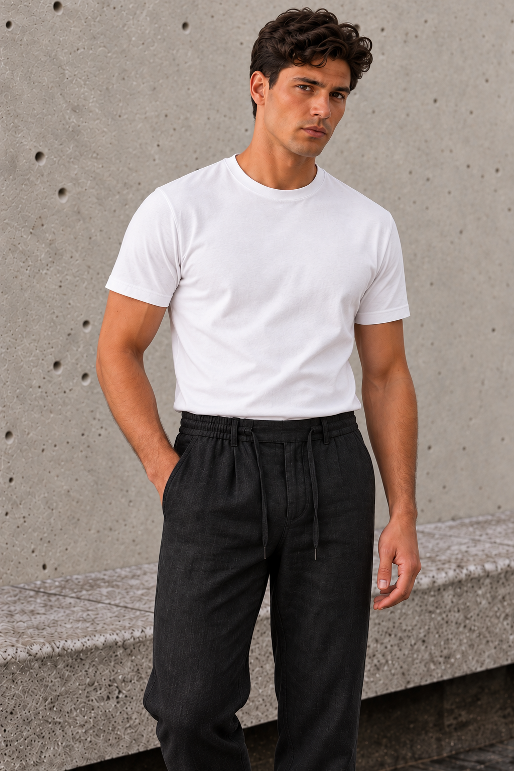 Men's tapered pants with adjustable drawstring waist and clean seam detail