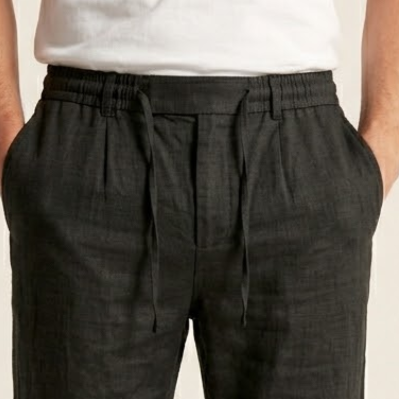 Tapered leg pants for men with elastic waistband and minimal construction