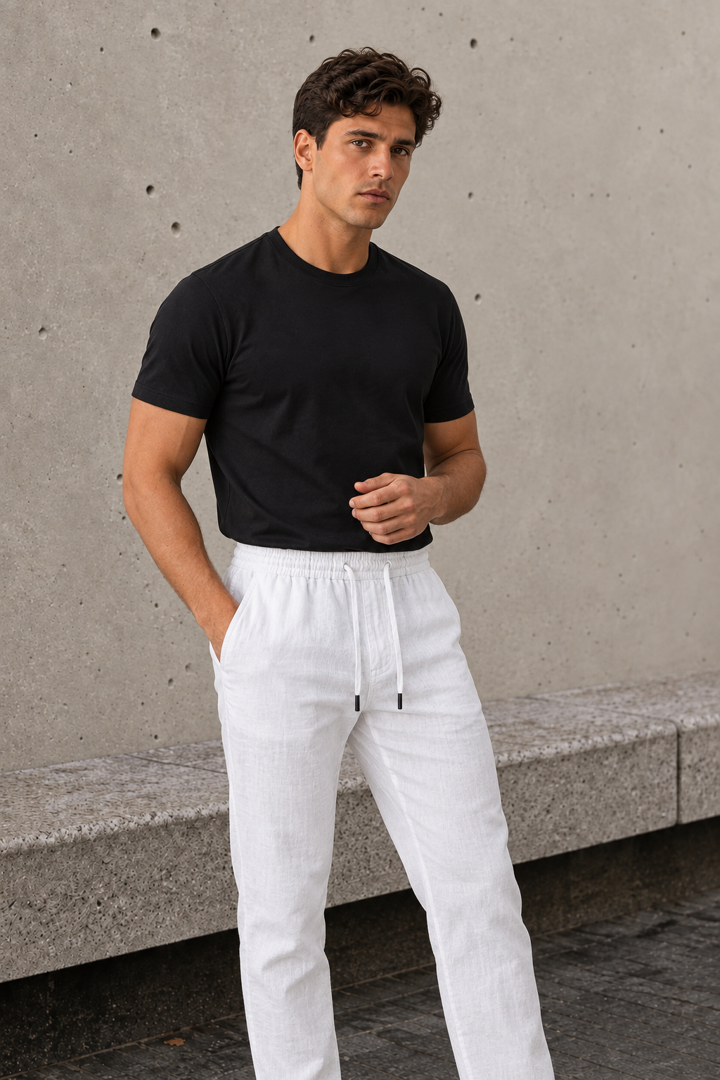 Men's tapered pants in a lighter tone with elastic drawstring waist and tapered leg