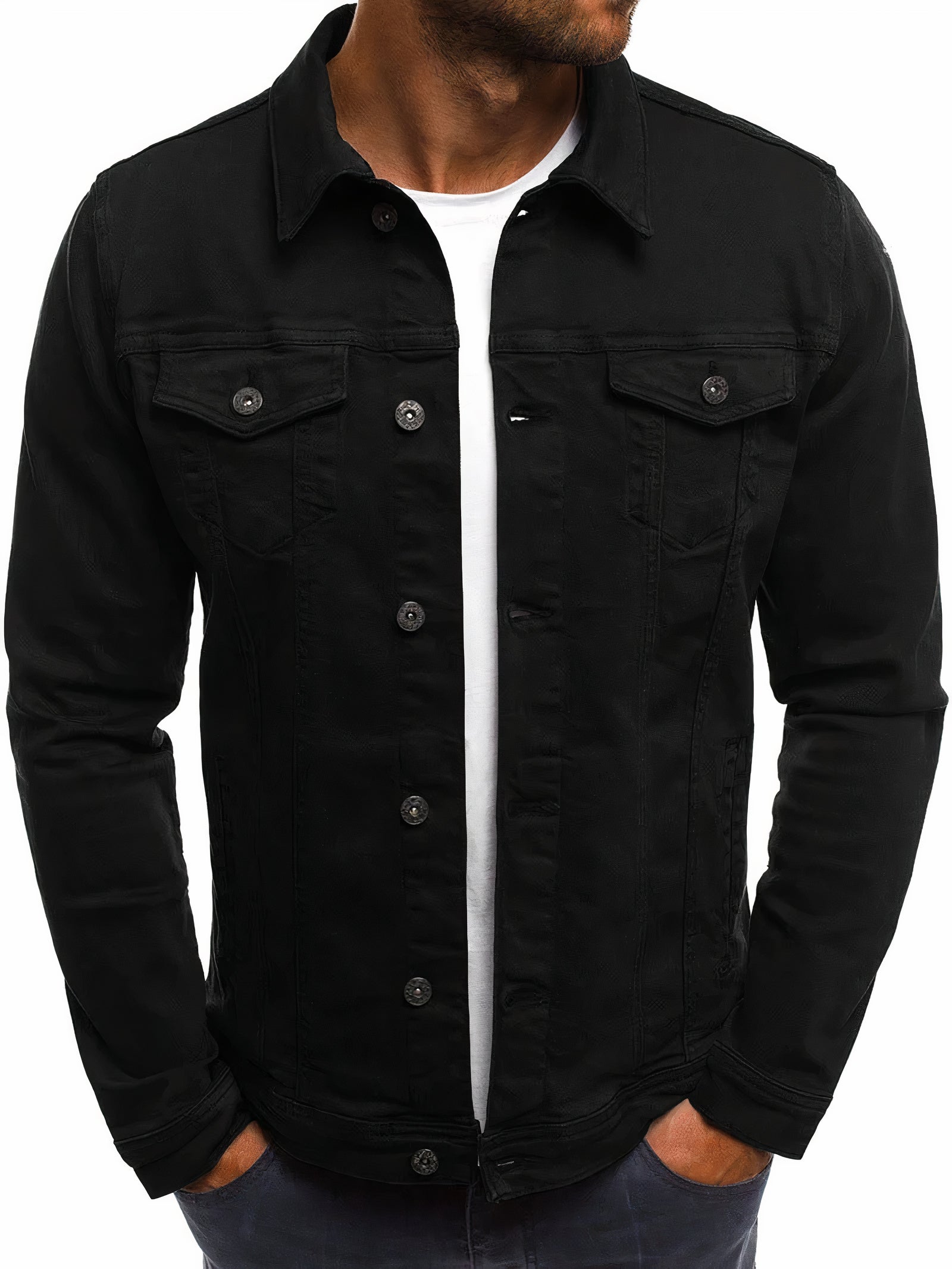 Men's regular fit denim jacket with long sleeves and button cuffs