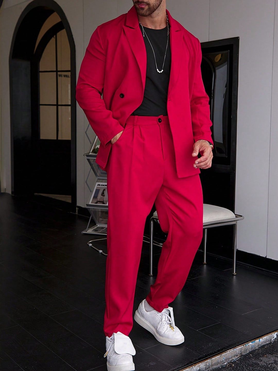 Men's tailored blazer and straight-leg trouser set in woven fabric for formal and smart-casual occasions