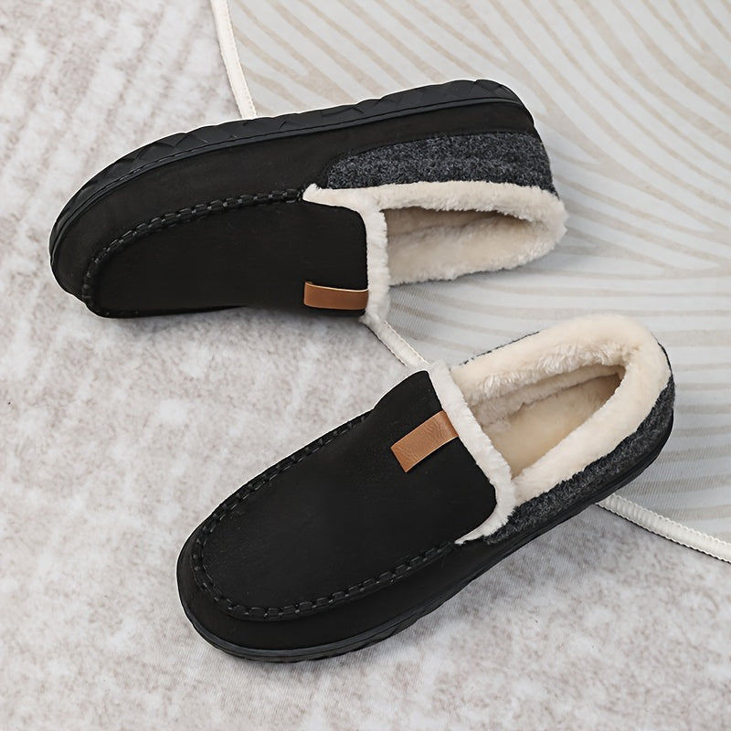 Men's fleece-lined slippers with suede-like upper and non-slip rubber sole