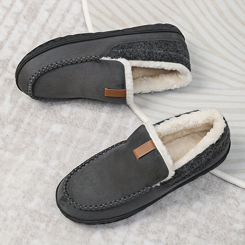 Men's fleece-lined slip-on slippers with suede-like finish and grip sole