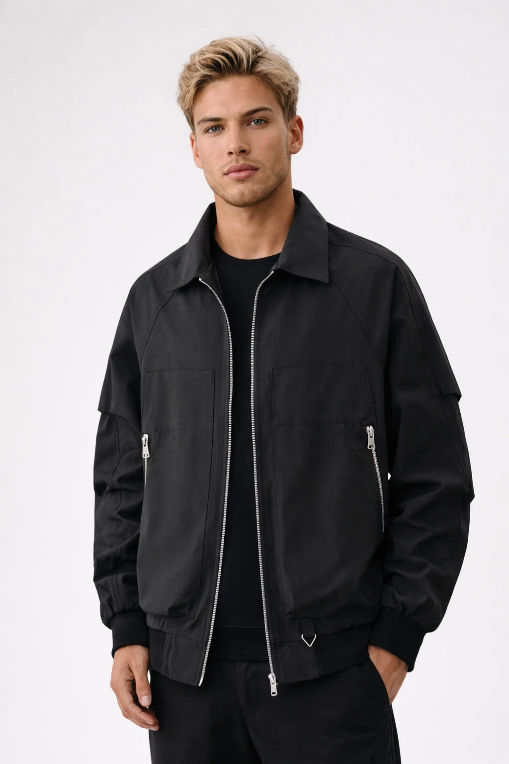 Men's zip-up bomber jacket with chest and side zipper pockets