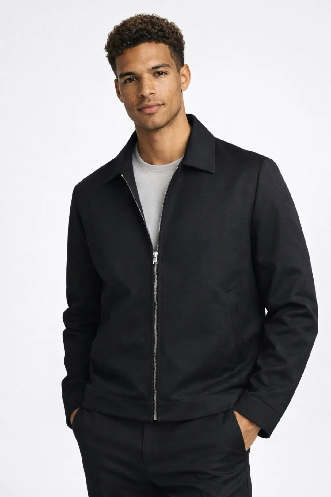 Men's slim jacket with front zipper and shirt collar, long sleeves, straight hem, and side pockets