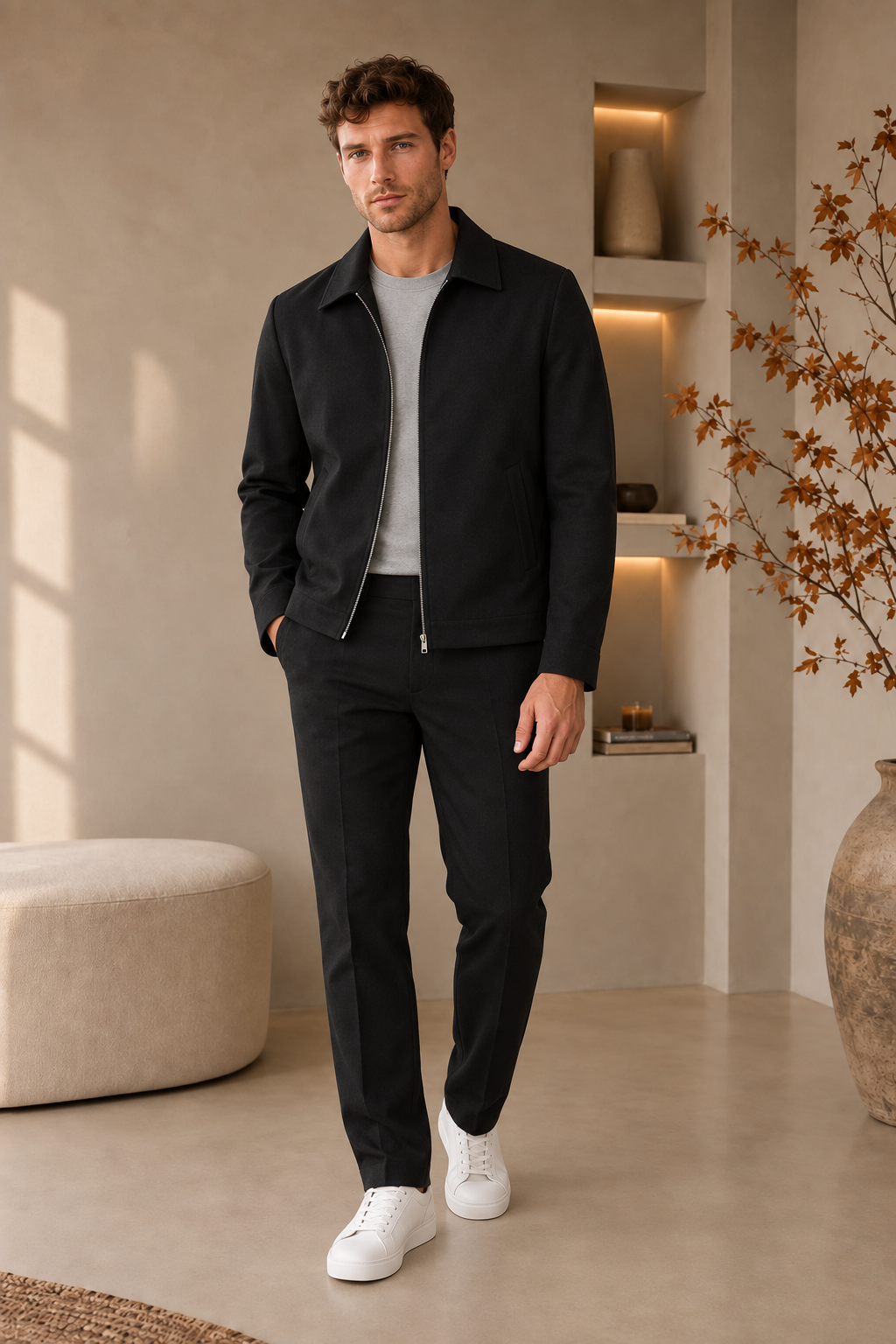 Men's slim jacket with front zipper and shirt collar, long sleeves, straight hem, and side pockets