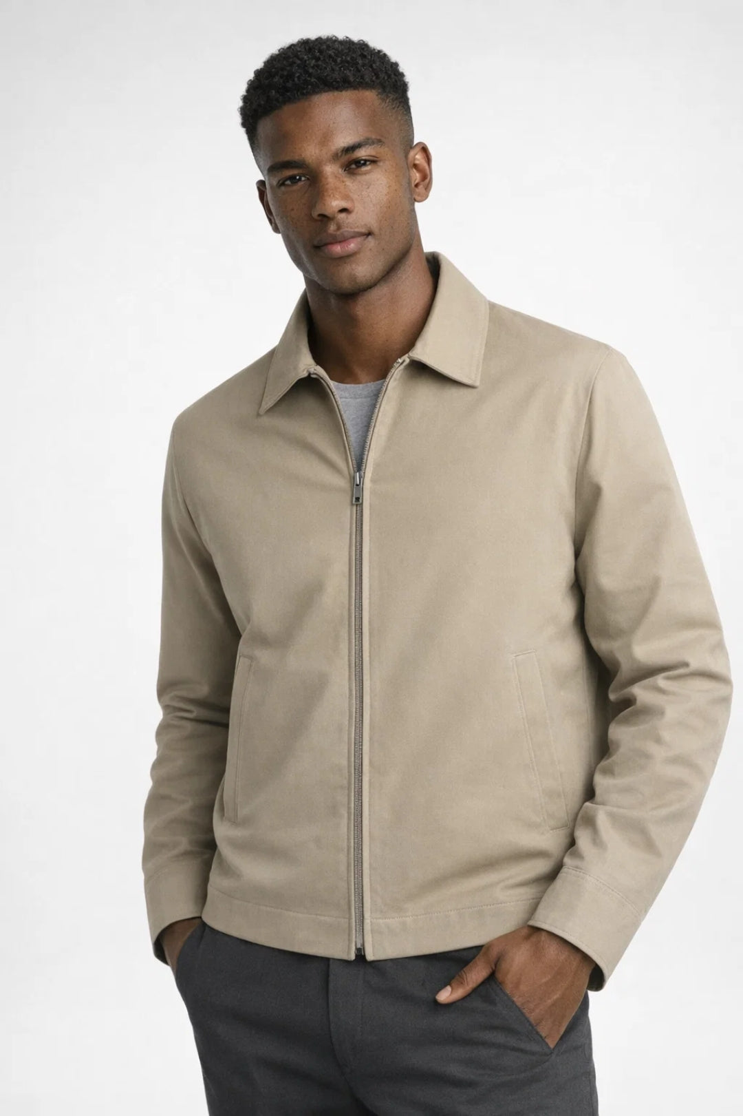 Men's structured slim jacket featuring a shirt collar, full-length front zipper, and clean seam construction