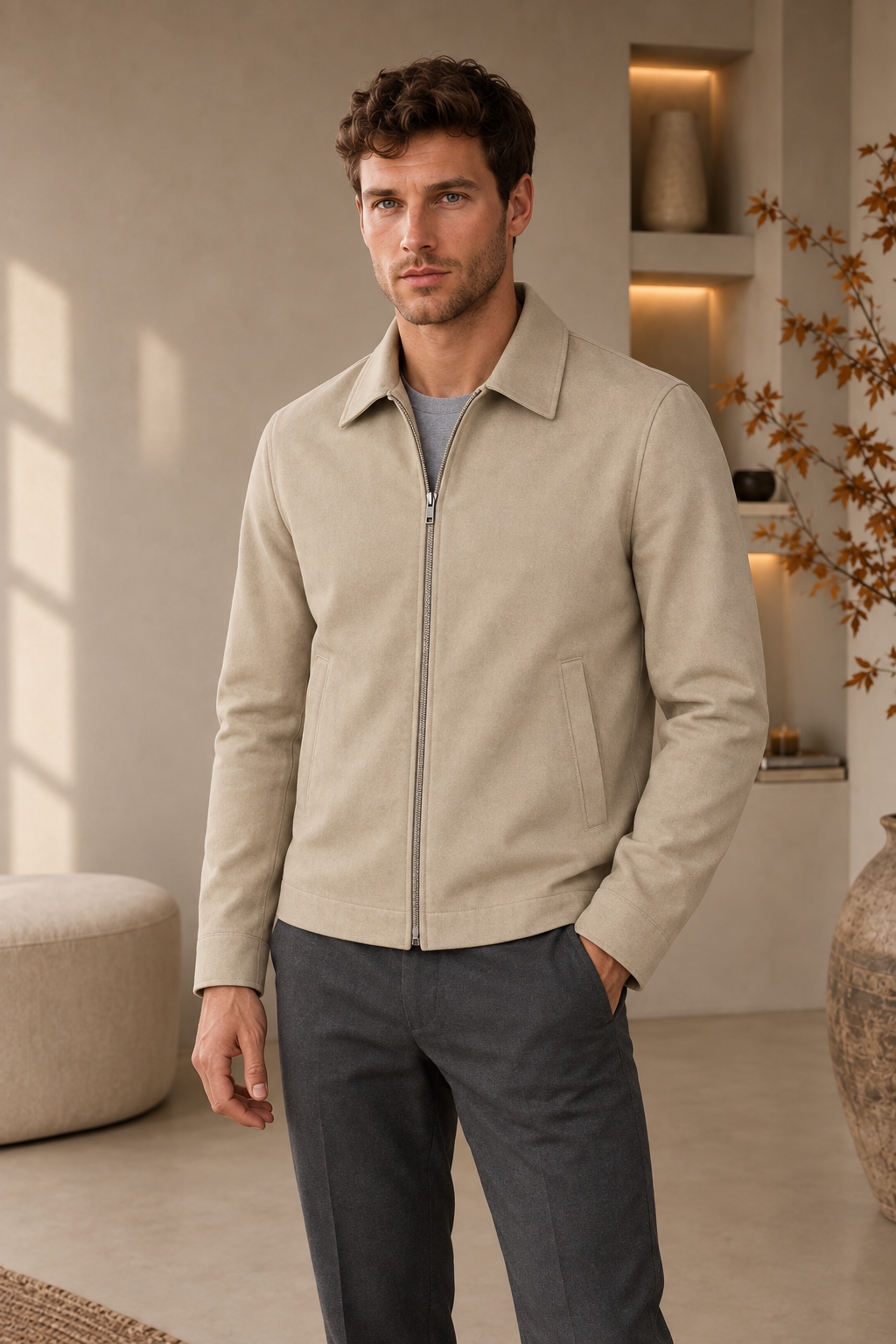 Men's structured slim jacket featuring a shirt collar, full-length front zipper, and clean seam construction
