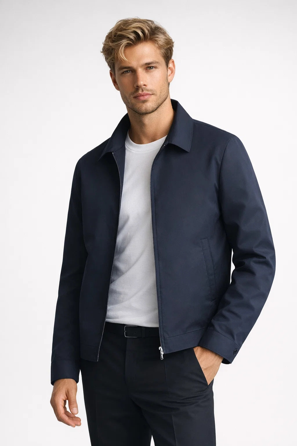 Men's woven slim jacket with zipper closure, shirt collar, long sleeves, and straight hem for autumn and spring