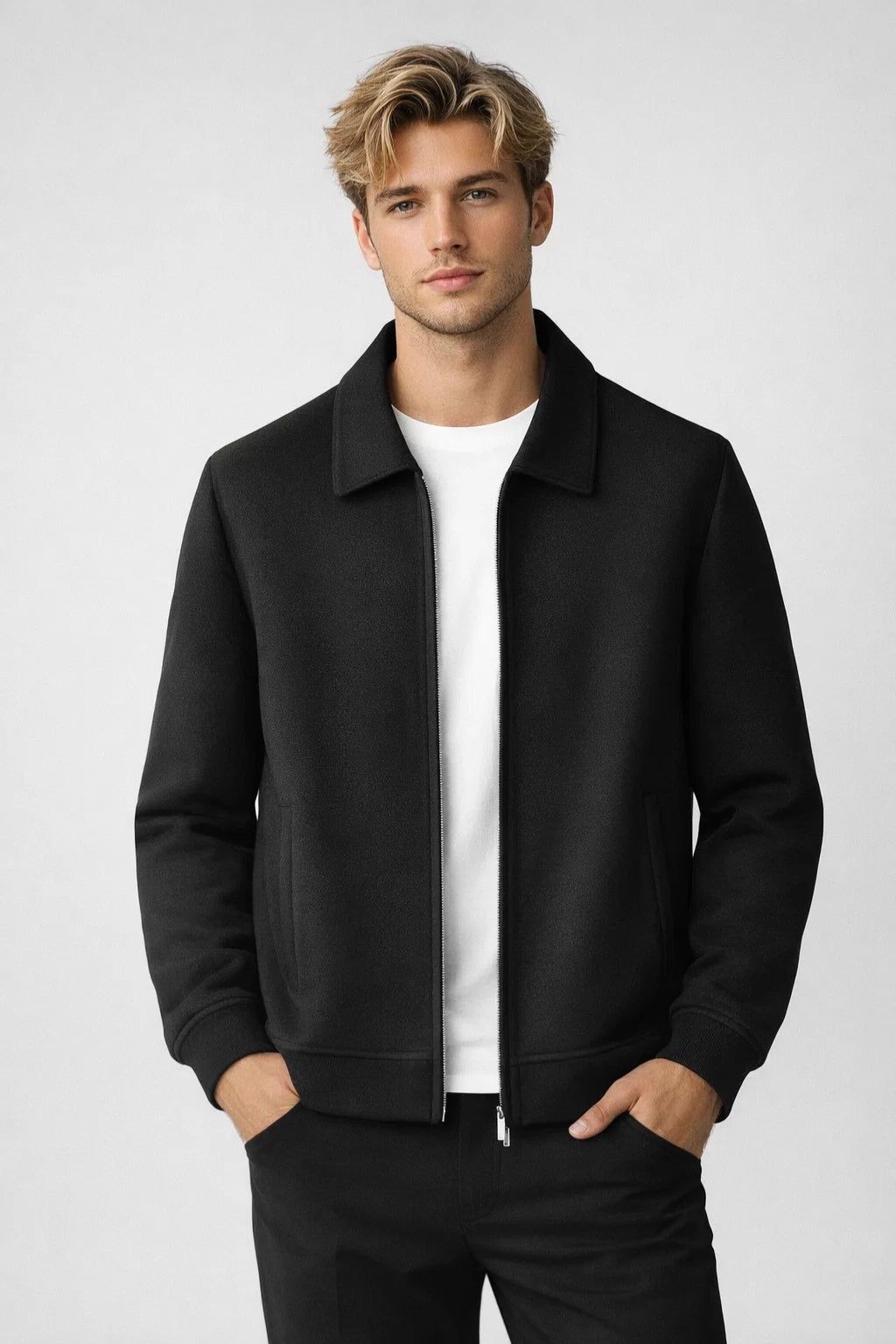 Men's slim jacket with shirt collar, front zipper, and ribbed hem
