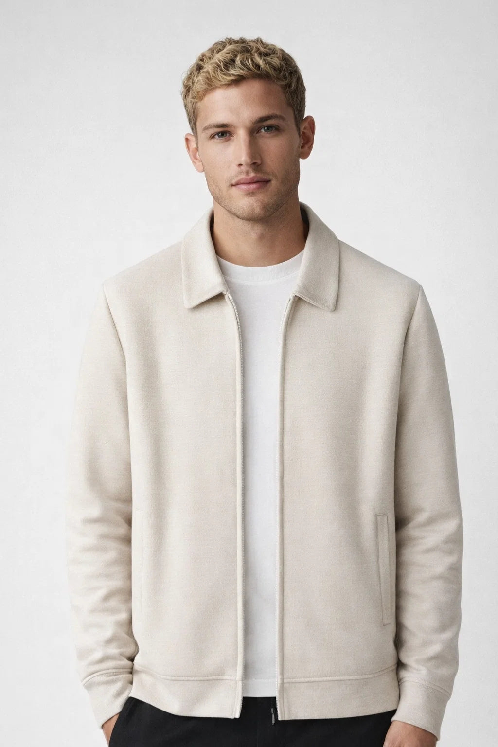 Men's slim jacket with side pockets, clean seams, and standard length hem