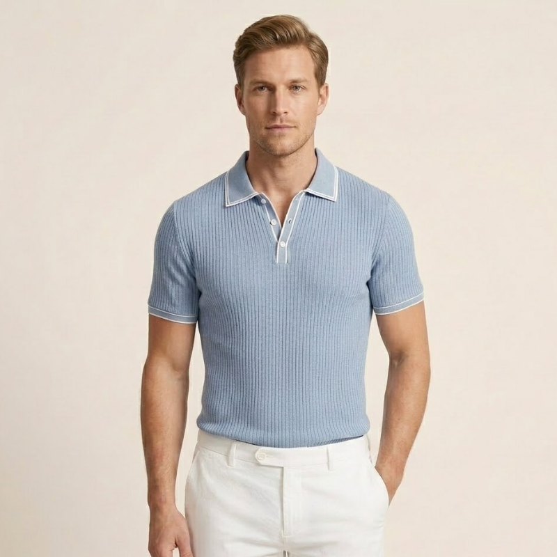 Men's short-sleeved ribbed polo shirt with classic collar and front button closure
