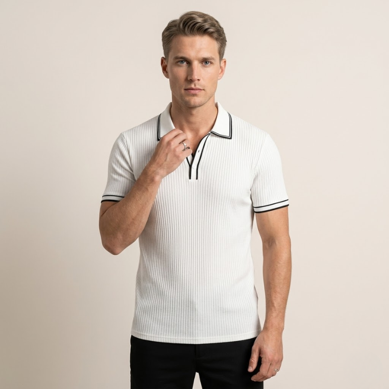 Men's slim-fit polo shirt with ribbed knit fabric and standard length