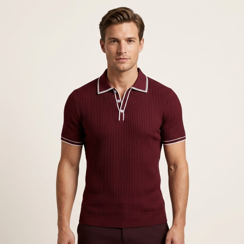 Men's short-sleeved polo shirt with rib-knit structure and classic collar