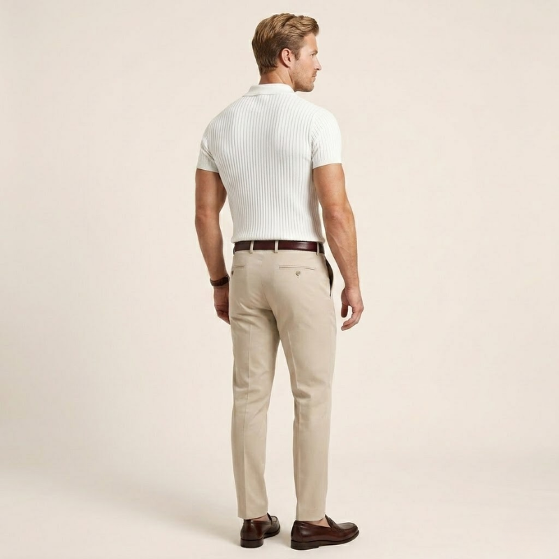 Ribbed knit polo shirt for men with a fitted silhouette and clean-finish construction