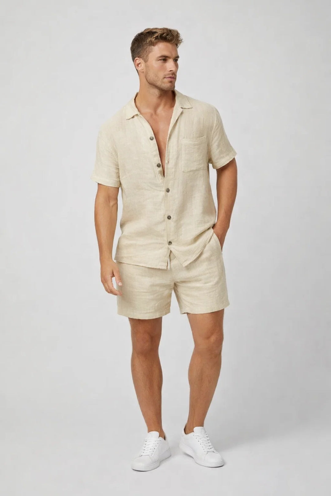 Men's lightweight linen two-piece set featuring a short-sleeved shirt with front buttons and straight-fit knee-length shorts