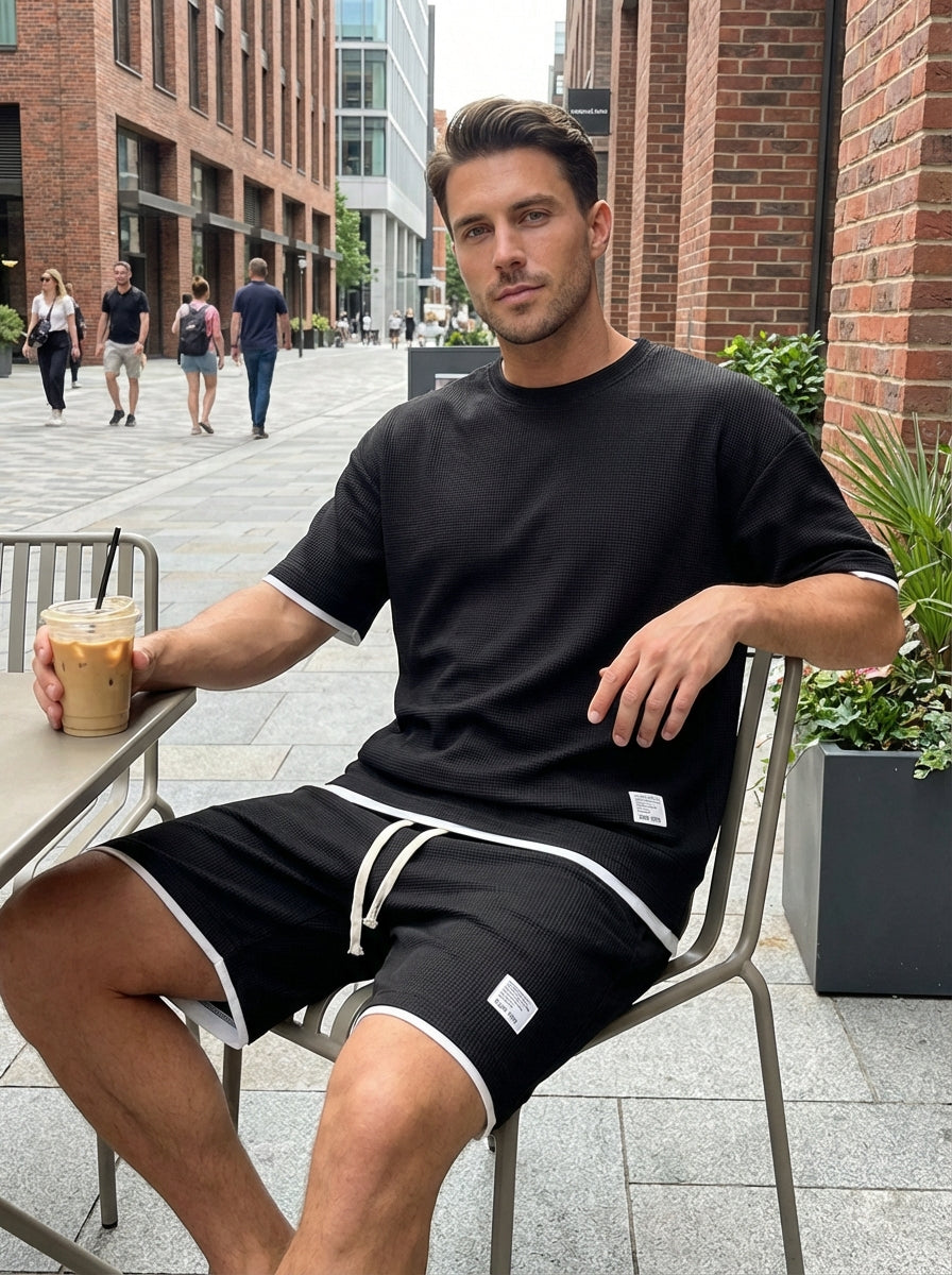Men's two-piece set with short-sleeved crew neck t-shirt and straight-fit shorts in lightweight structured fabric