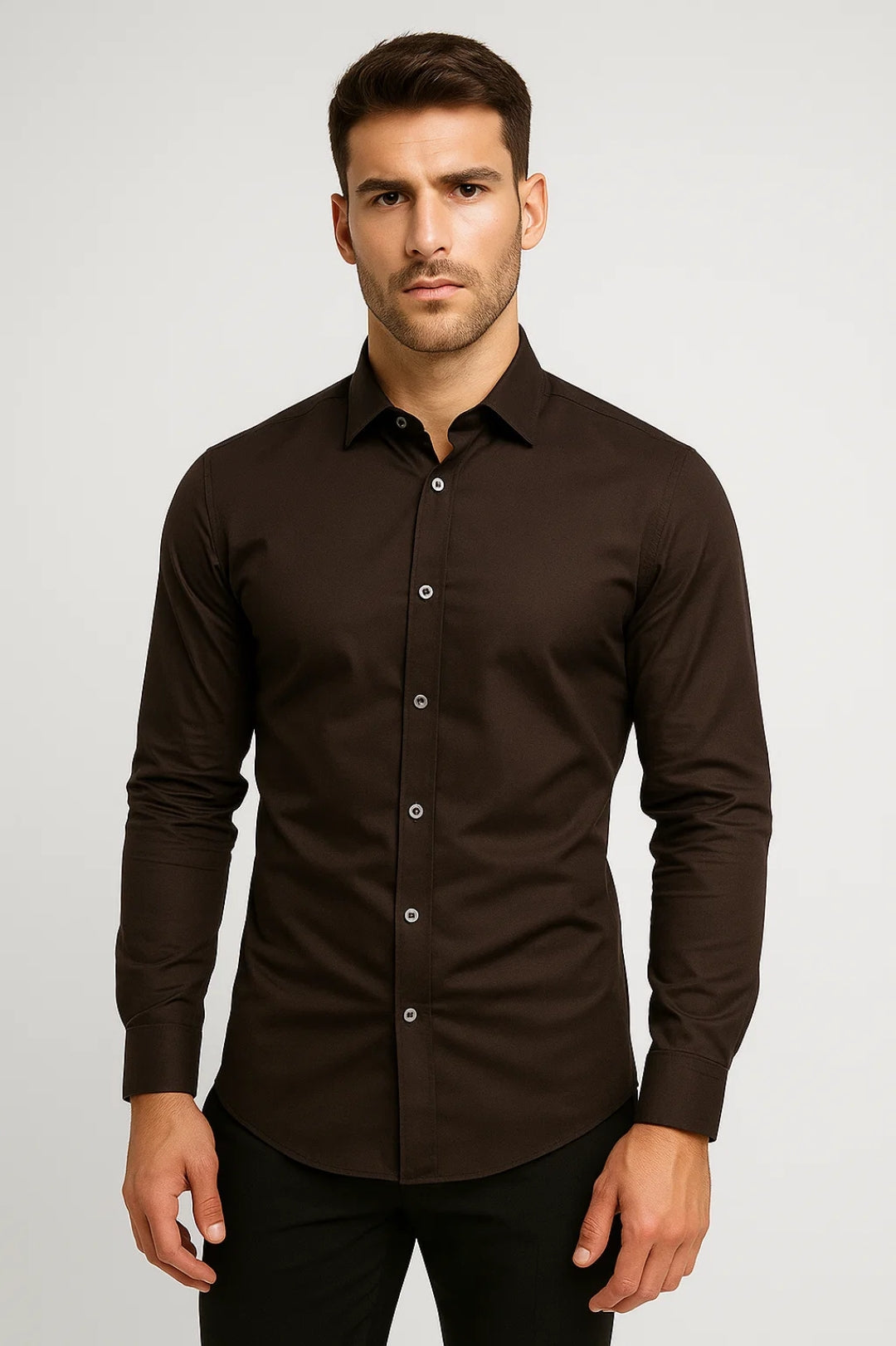 Slim fit men's long sleeve button-up shirt with tailored silhouette and rounded hem