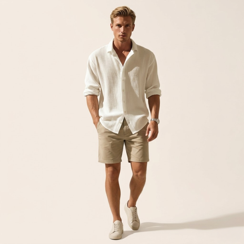 Men's relaxed-fit button-up shirt featuring an all-over woven structure and rounded hem