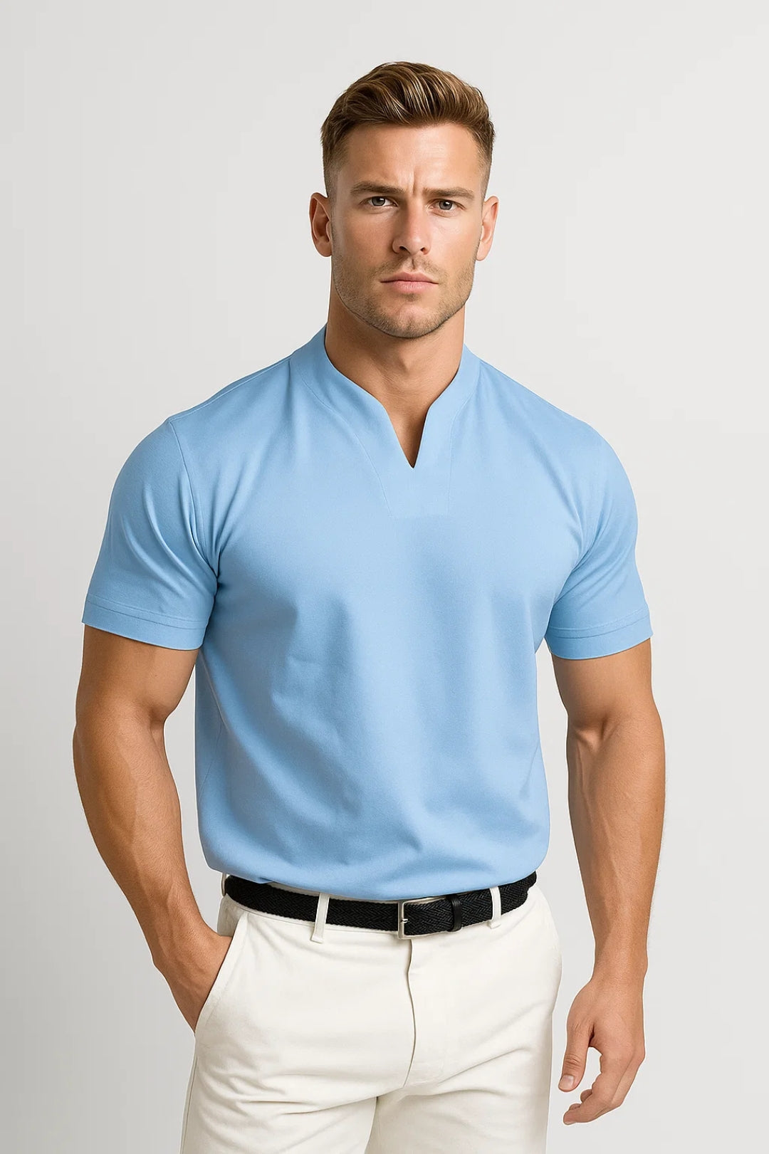 Men's everyday short-sleeve top with split neckline and regular length