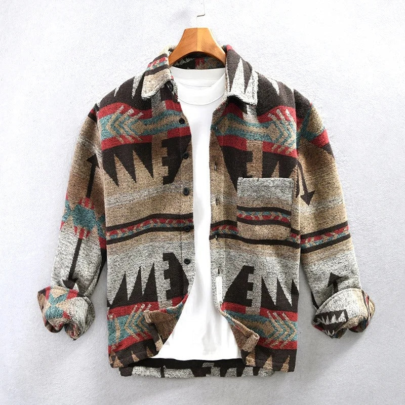 Men's patterned overshirt in woven fabric with button-front closure, structured collar, and chest pocket