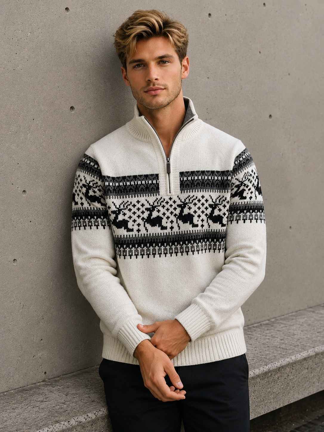Beige patterned half-zip knit sweater for men