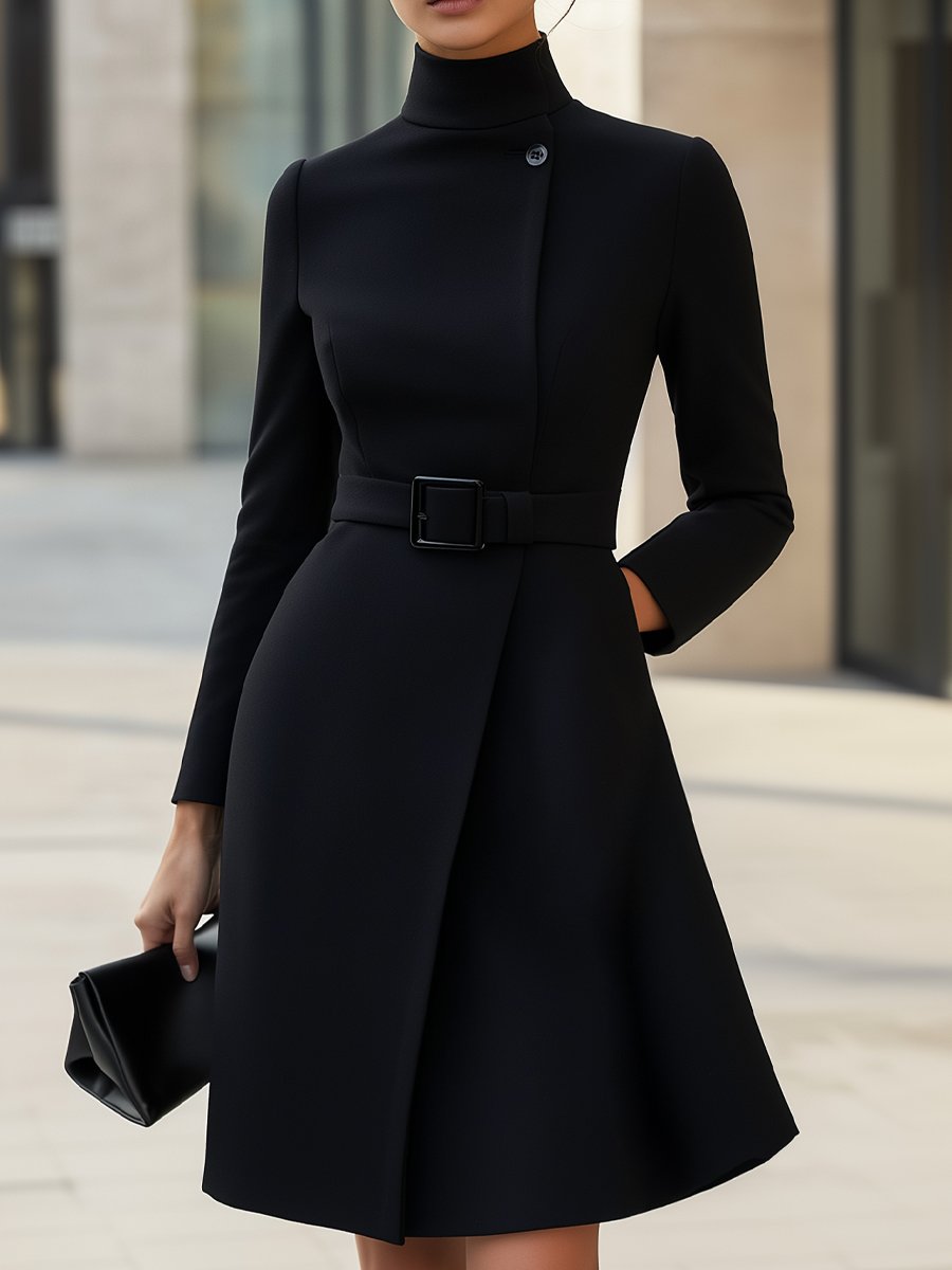 Women's elegant turtleneck dress with belt, knee-length silhouette in a structured fabric