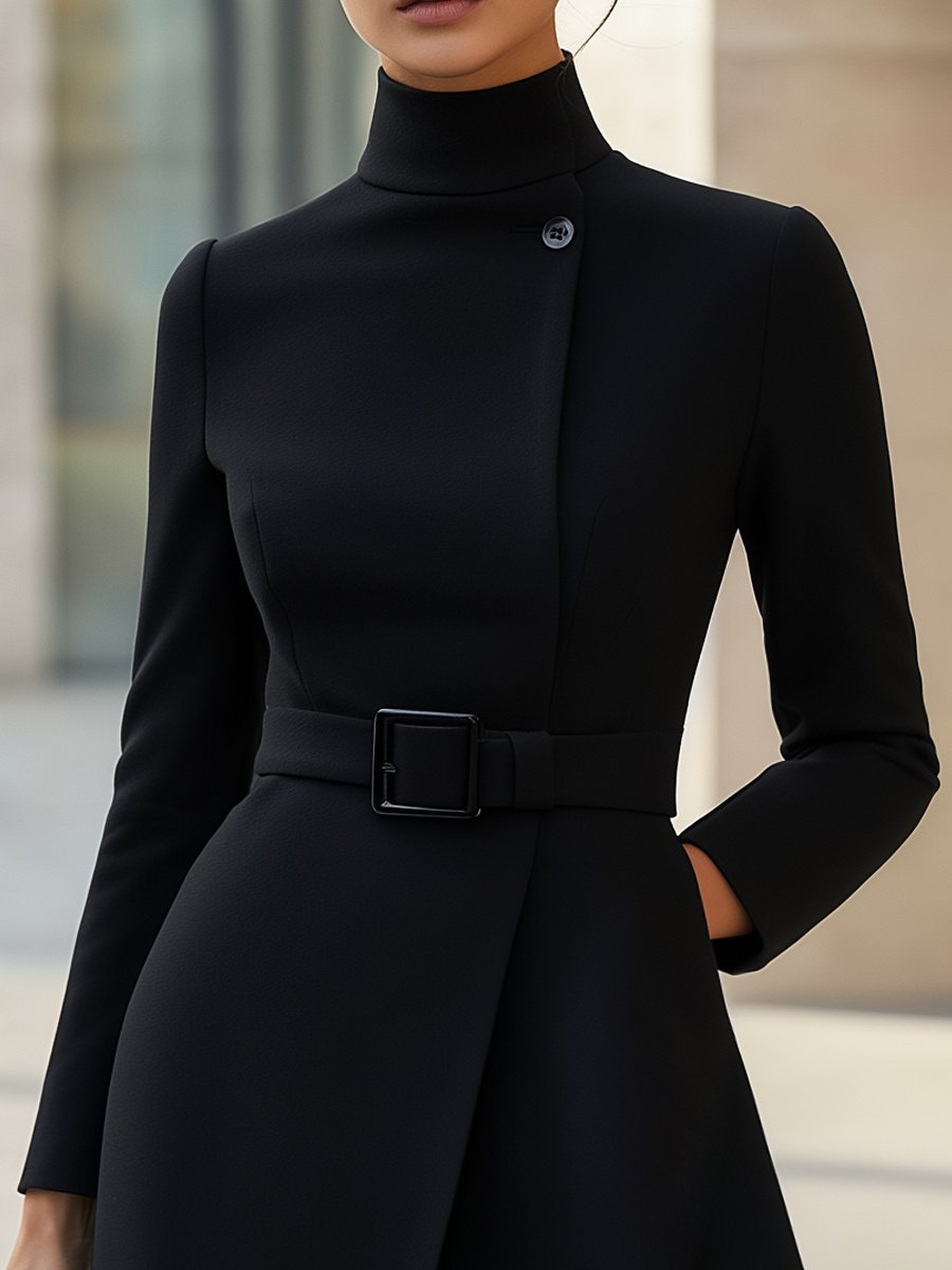 Long-sleeve turtleneck dress with adjustable waist belt, tailored fit for women
