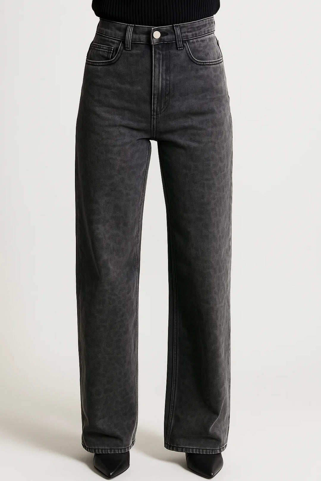 Women's high-waisted straight-fit washed denim jeans with a five-pocket design and full-length leg