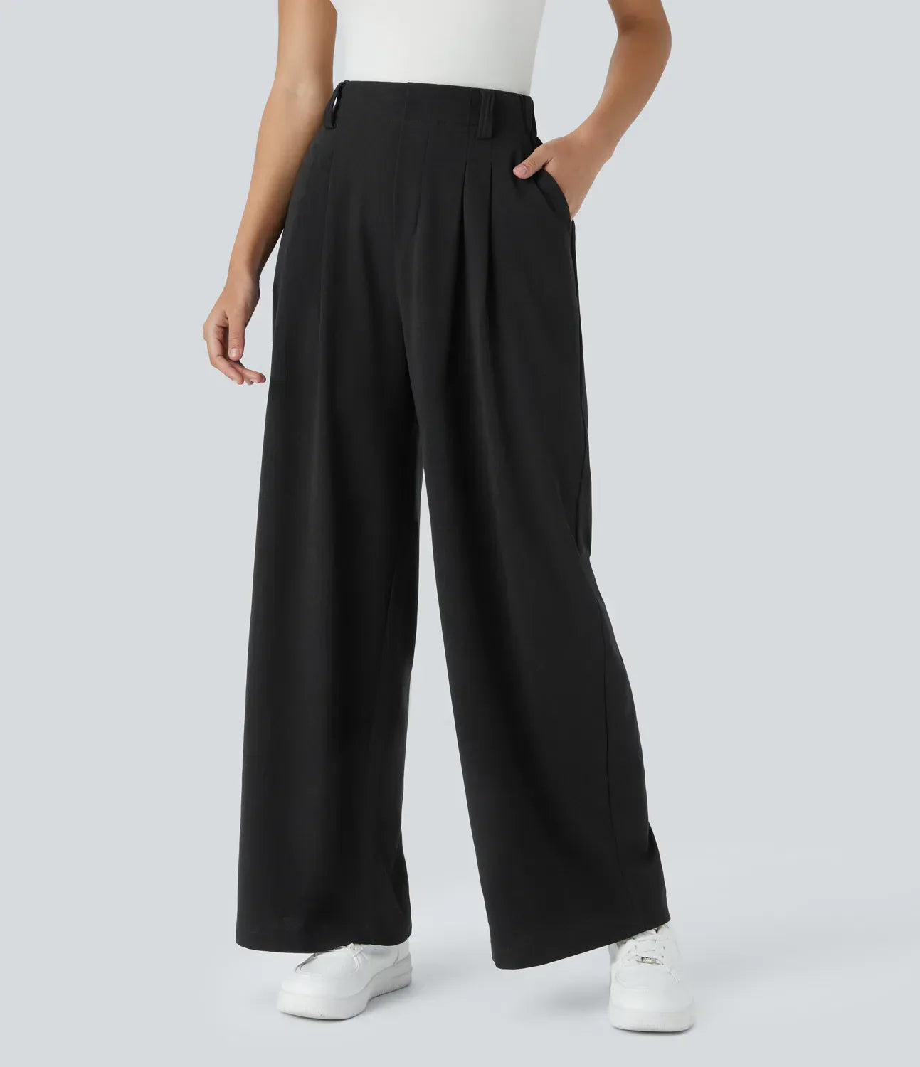 Women's full-length wide-leg trousers in woven fabric, high-waisted with a clean finish