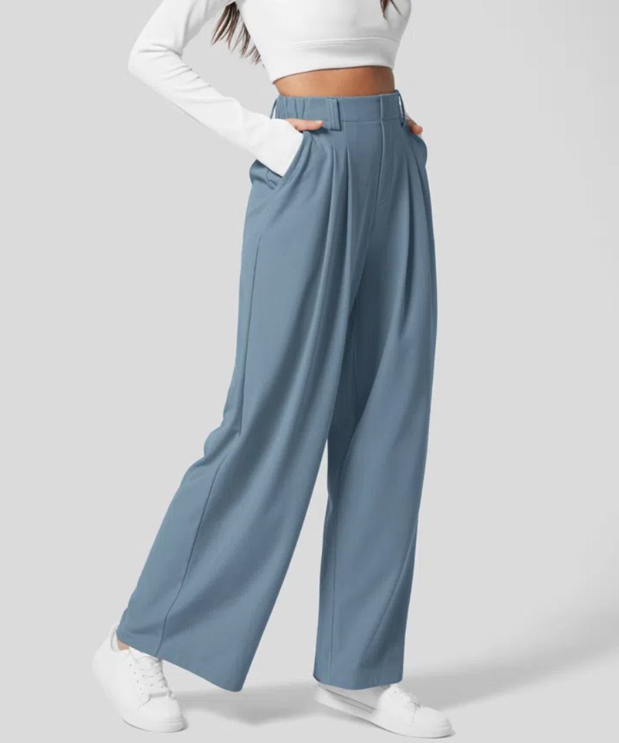 Women's woven wide-leg trousers with a high waist and flowing full-length cut