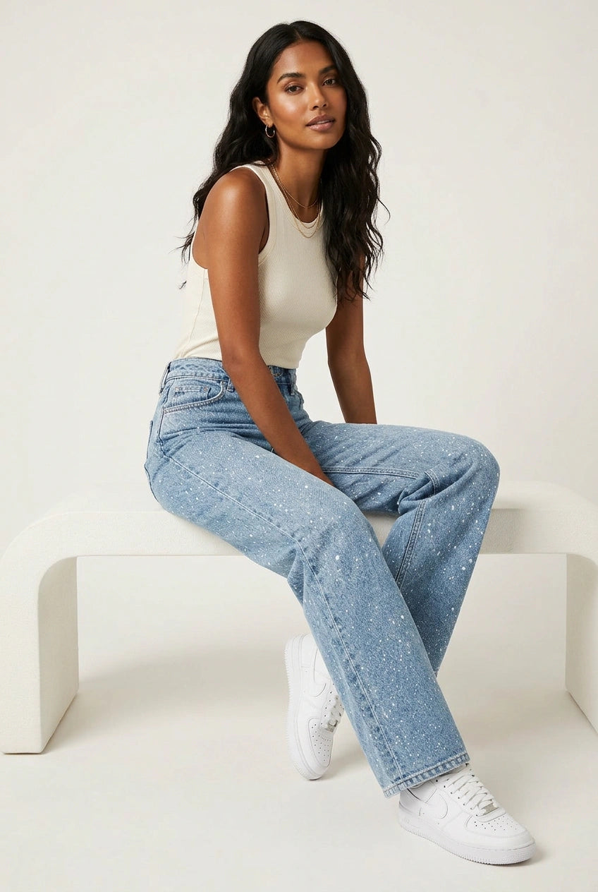 Women's high-waisted wide-leg jeans with all-over glitter finish