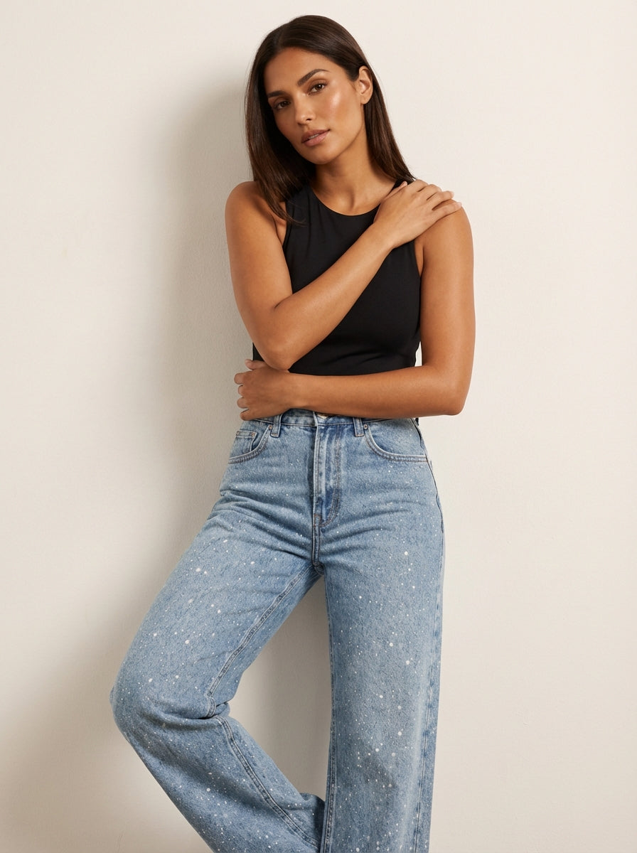 High-waist glitter denim jeans for women with wide-leg silhouette