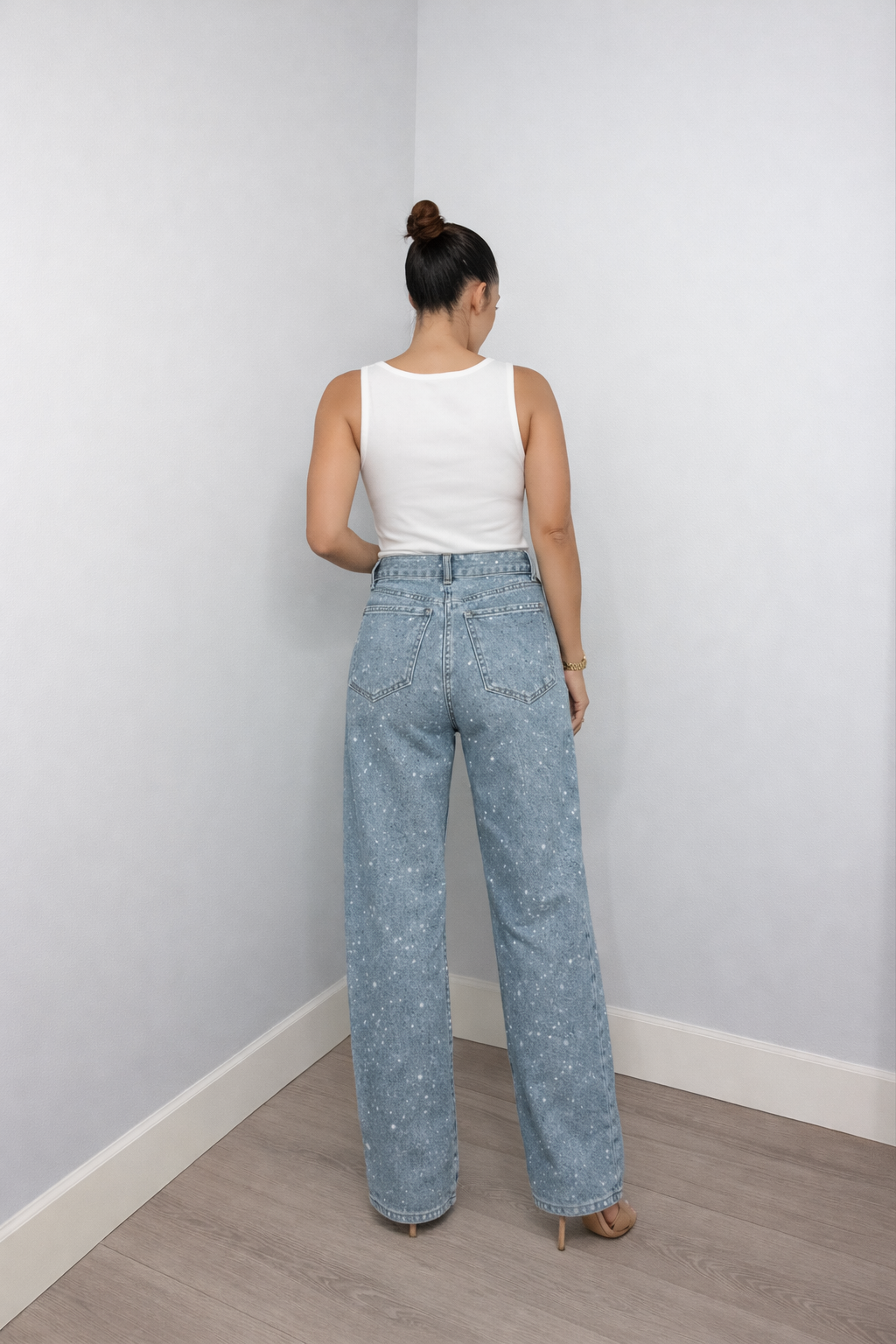 Glitter denim wide-leg trousers with high waist and belt loops for women