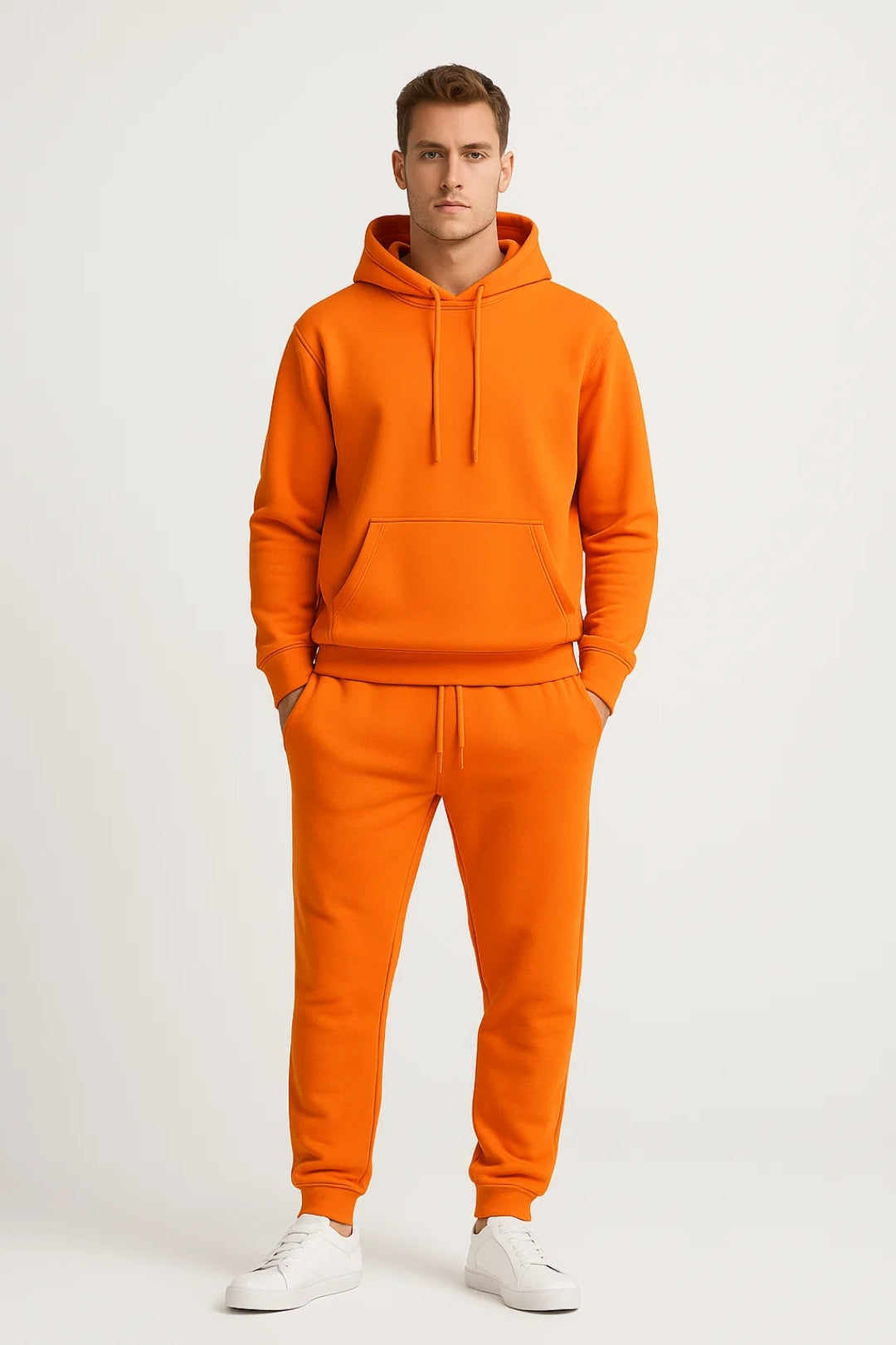 Men's two-piece hoodie and joggers set with adjustable drawstring hood, ribbed hem, and full-length tapered joggers
