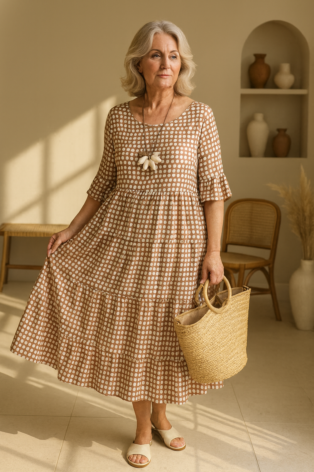 Women's polka dot midi dress with elbow-length sleeves and multi-layered ruffle skirt