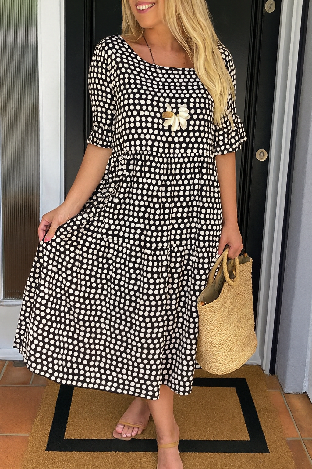 Polka dot print midi dress with gathered ruffle layers and pull-over silhouette for women
