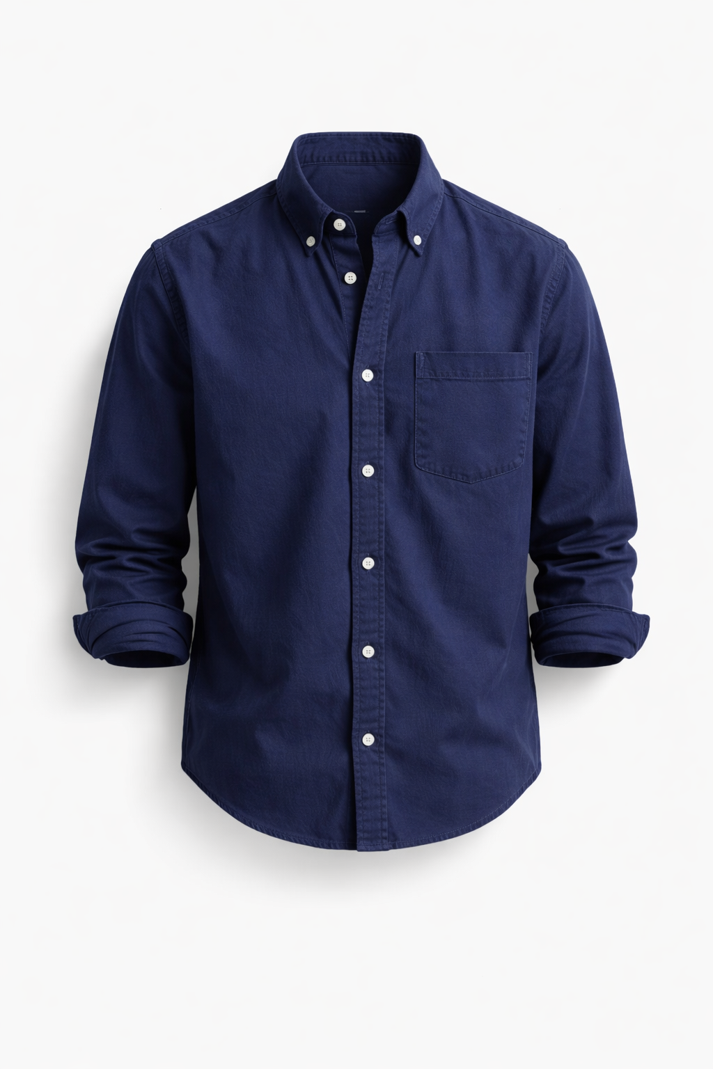 Men's button-up denim shirt with classic collar, long sleeves, and a chest pocket
