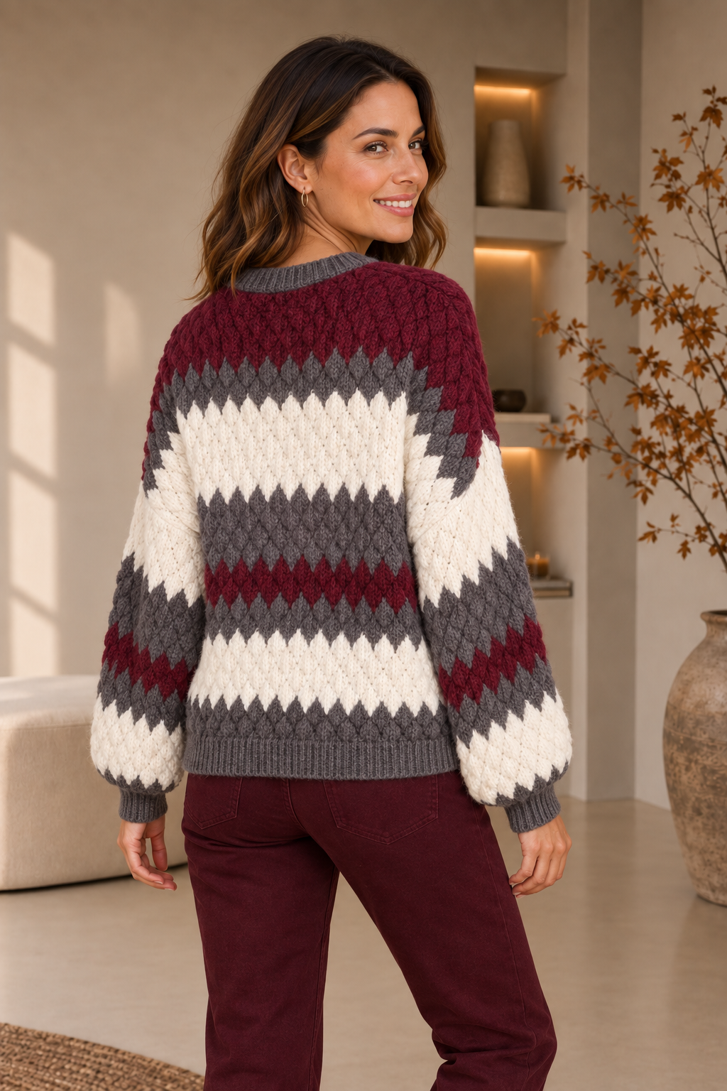 Women's burgundy grey cream chunky knit sweater back view