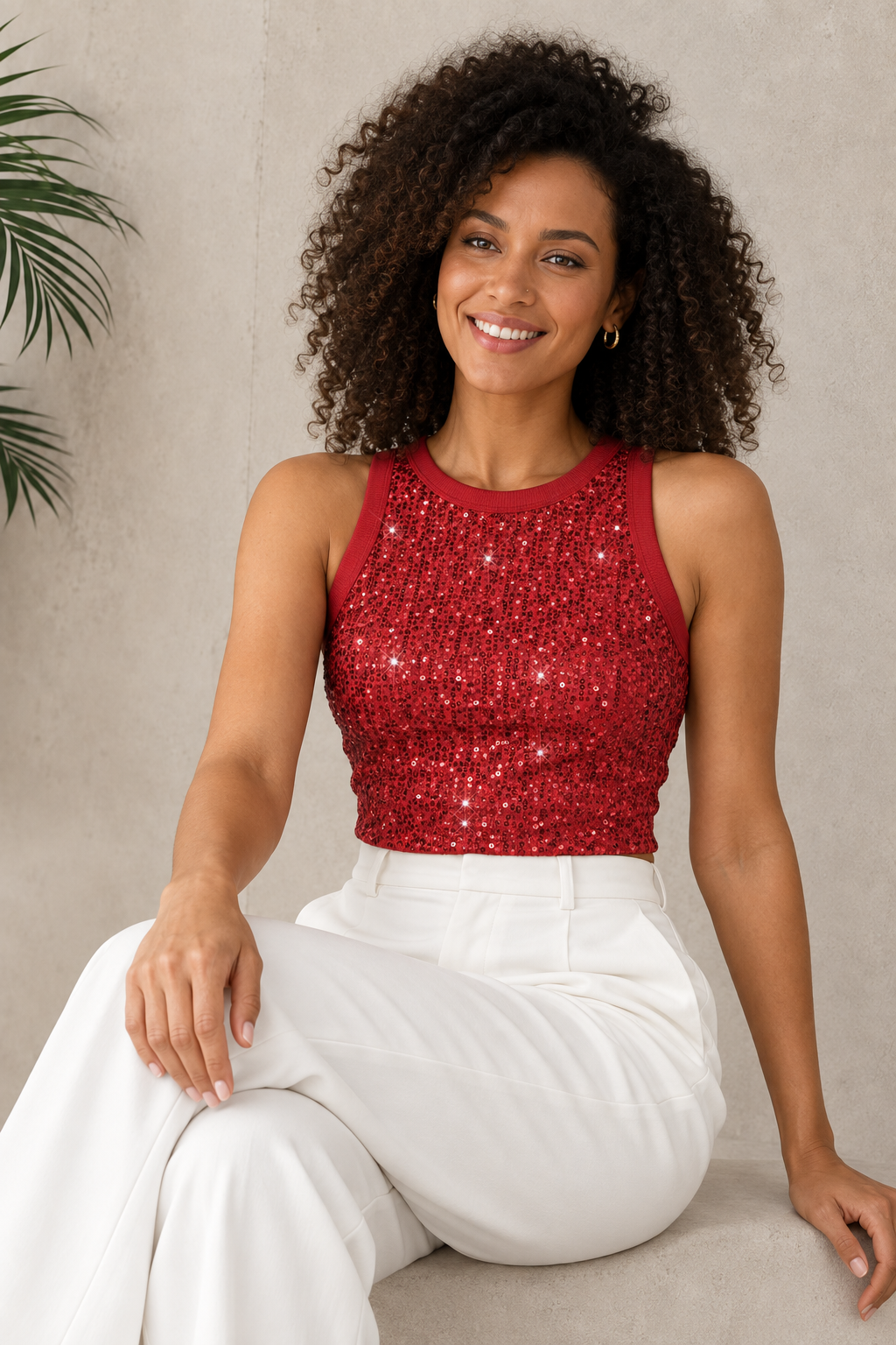 Women's red sequin sleeveless top front view